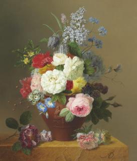 Arnoldus Bloemers - Roses, Poppies, Cornflowers, Convulvulus, Jasmine, Fritilleries, a Primula, a Peony, and Lilac in a terracotta Vase with a Sprig of Roses and other Flowers on a Stone Ledge