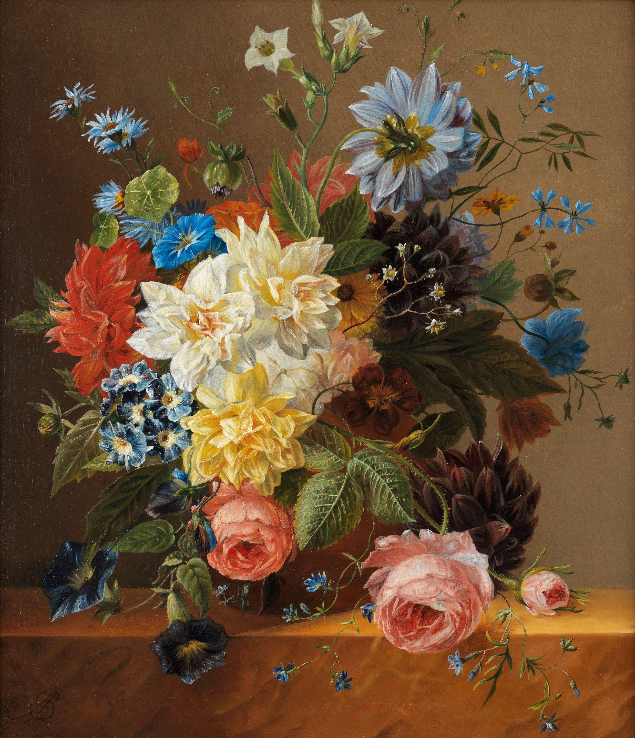 Arnoldus Bloemers - Still life with flowers on a ledge