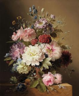 Arnoldus Bloemers - Still life with peonies, rhodedendran, auricula, roses, and summer flowers, in an urn, on a marble ledge