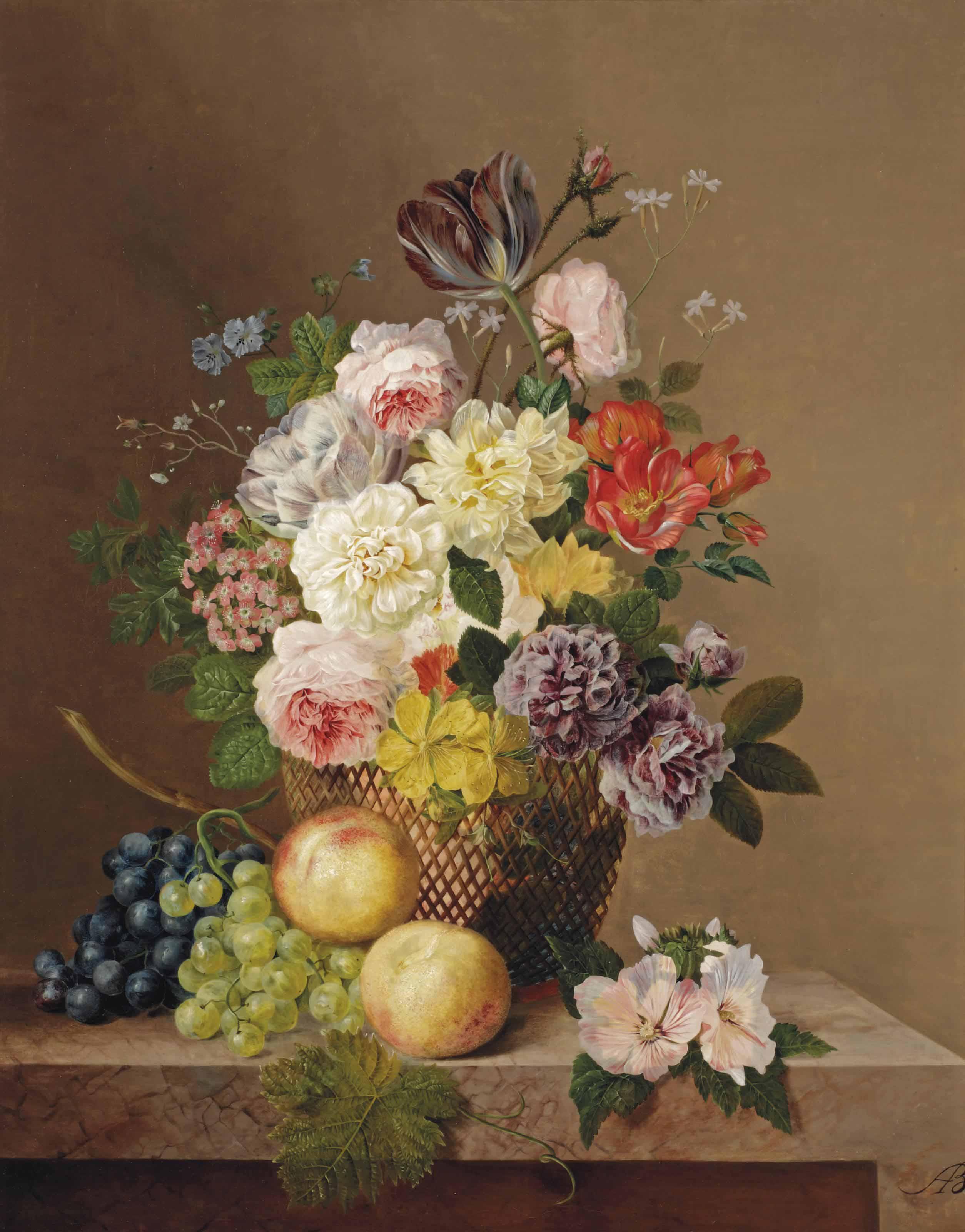Arnoldus Bloemers - Summer flowers in a vase with grapes and peaches on a marble ledge