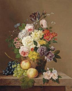 Arnoldus Bloemers - Summer flowers in a vase with grapes and peaches on a marble ledge