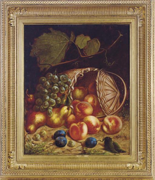 Arnoud Wydeveld - Still life with peaches, plums, pears and grapes on a forest floor