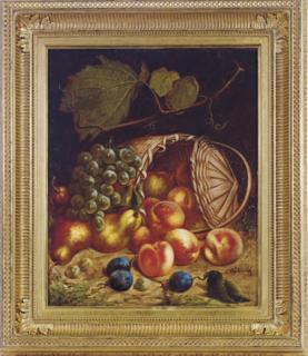 Arnoud Wydeveld - Still life with peaches, plums, pears and grapes on a forest floor