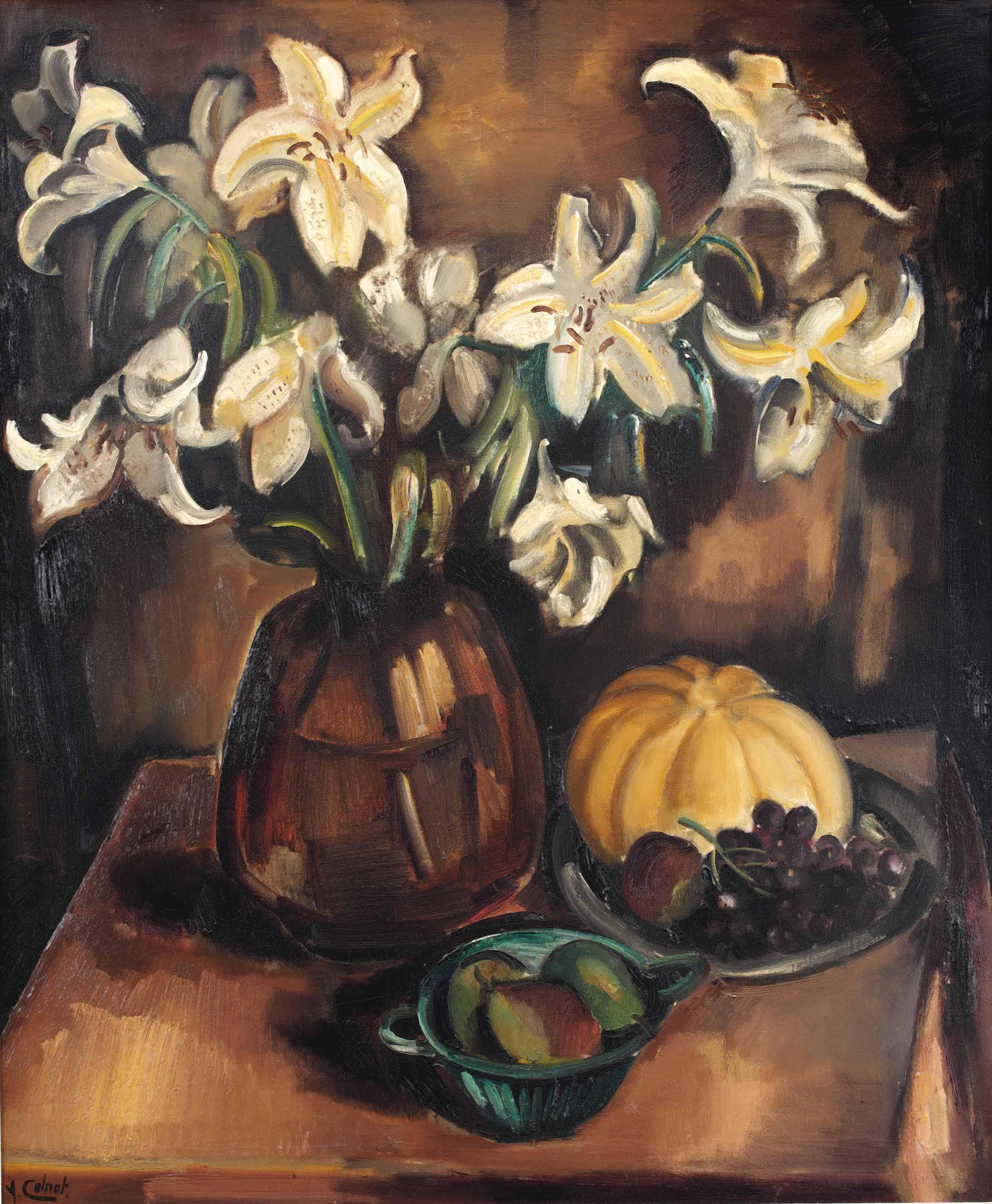 Arnout Colnot - A still life with lilies, a pumpkin, grapes and pears