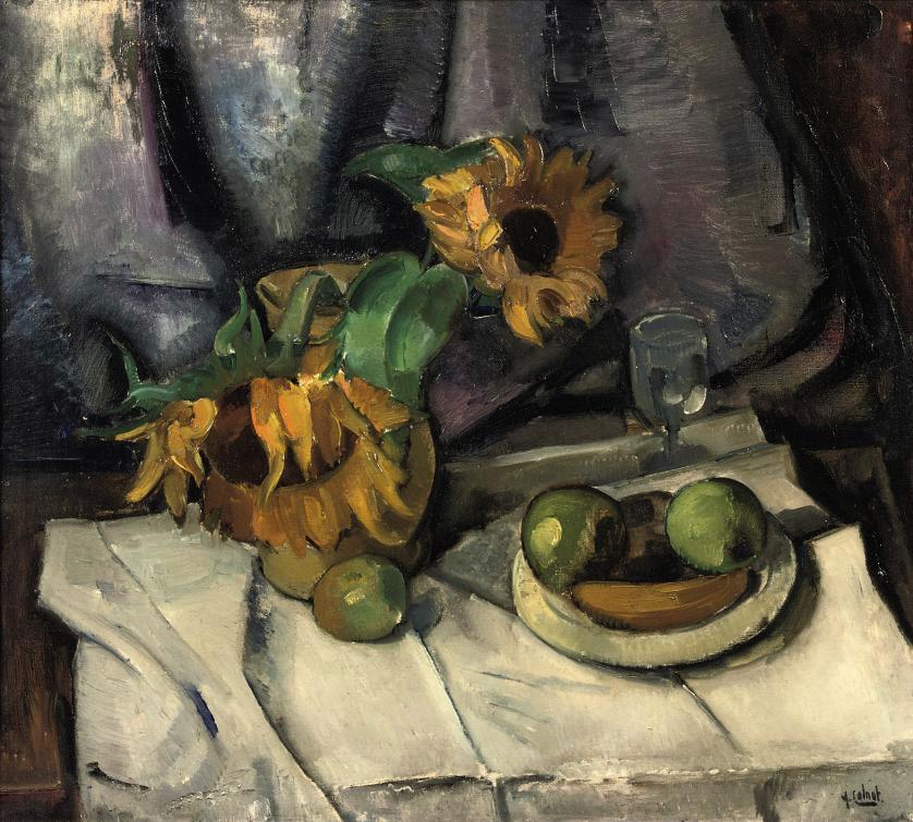 Arnout Colnot - A still life with sun flowers and apples on a table