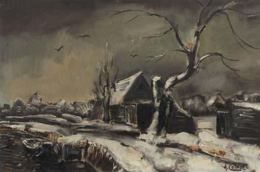 Arnout Colnot - A winterlandscape with a house along a waterway