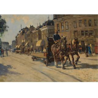 Arnout van Gilst - A Horse Drawn Cart In A Sunlit Dutch Town