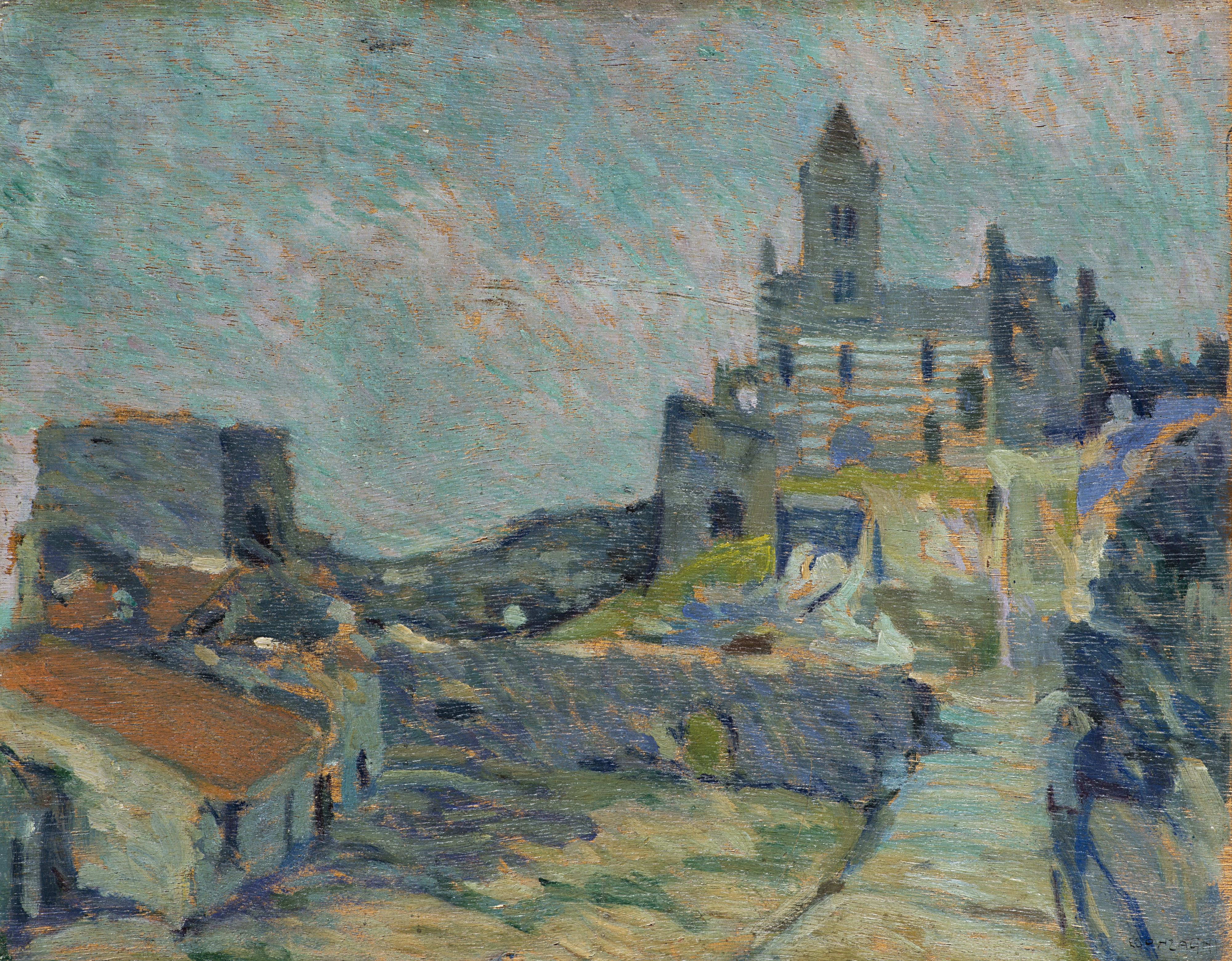 Aroldo Bonzagni - Scorcio di paese con chiesa sullo sfondo