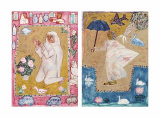 Arpita Singh - Untitled (Kneeling Lady); Untitled (Lady with Umbrella)