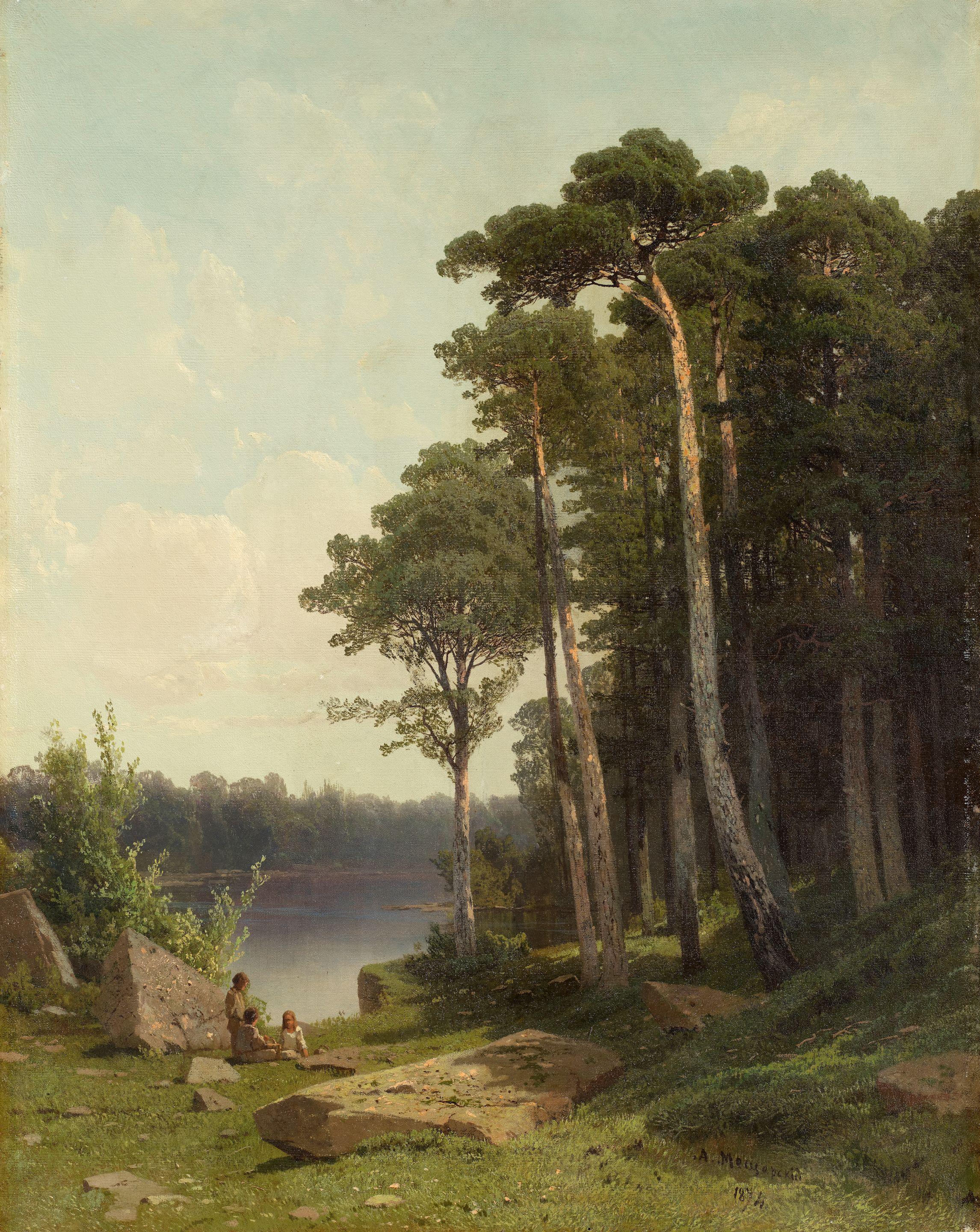 Arseniy Ivanovich Meshchersky - A wooded lake landscape with children
