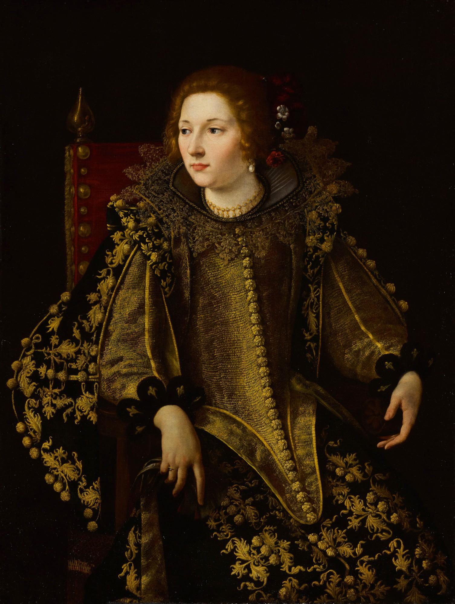 Artemisia Gentileschi - Portrait of a seated lady, three-quarter length, in an elaborate and gold-embroidered costume, possibly Caterina Savelli, Principessa di Albano