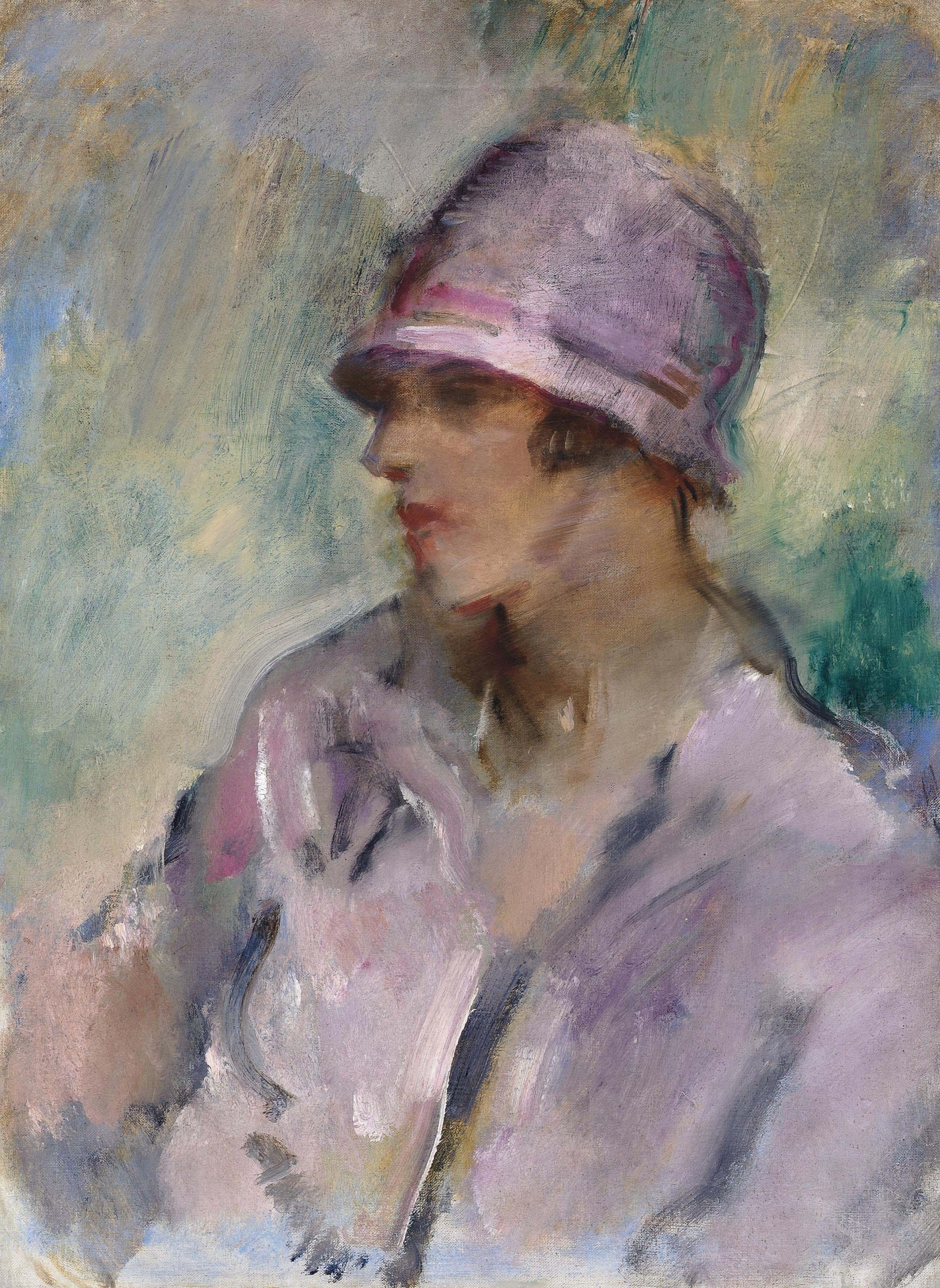 Arthur Ambrose Mcevoy, A.R.A. - Portrait of a lady, bust length, in a pink hat and coat