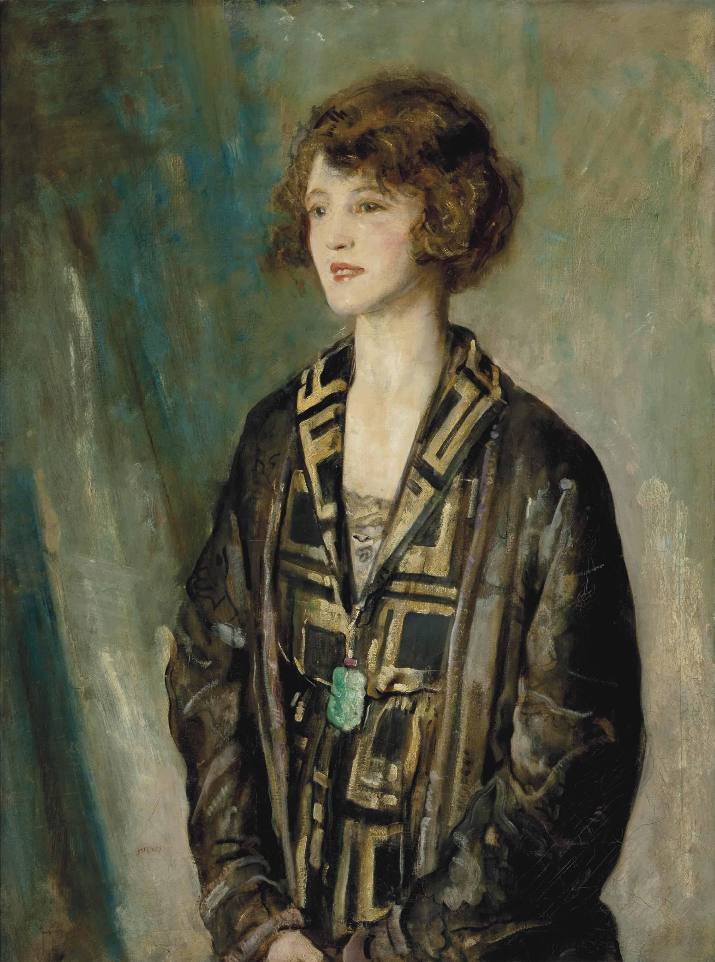 Arthur Ambrose McEvoy, A.R.A. - Portrait of Mrs Charles Romer-Williams, wearing a jade pendant