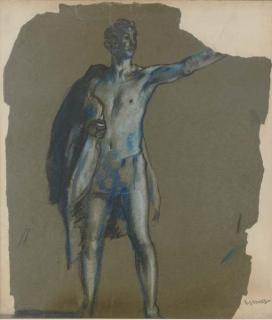 Arthur Bowen Davies - A male nude with drapery over his right shoulder and his left arm outstretched