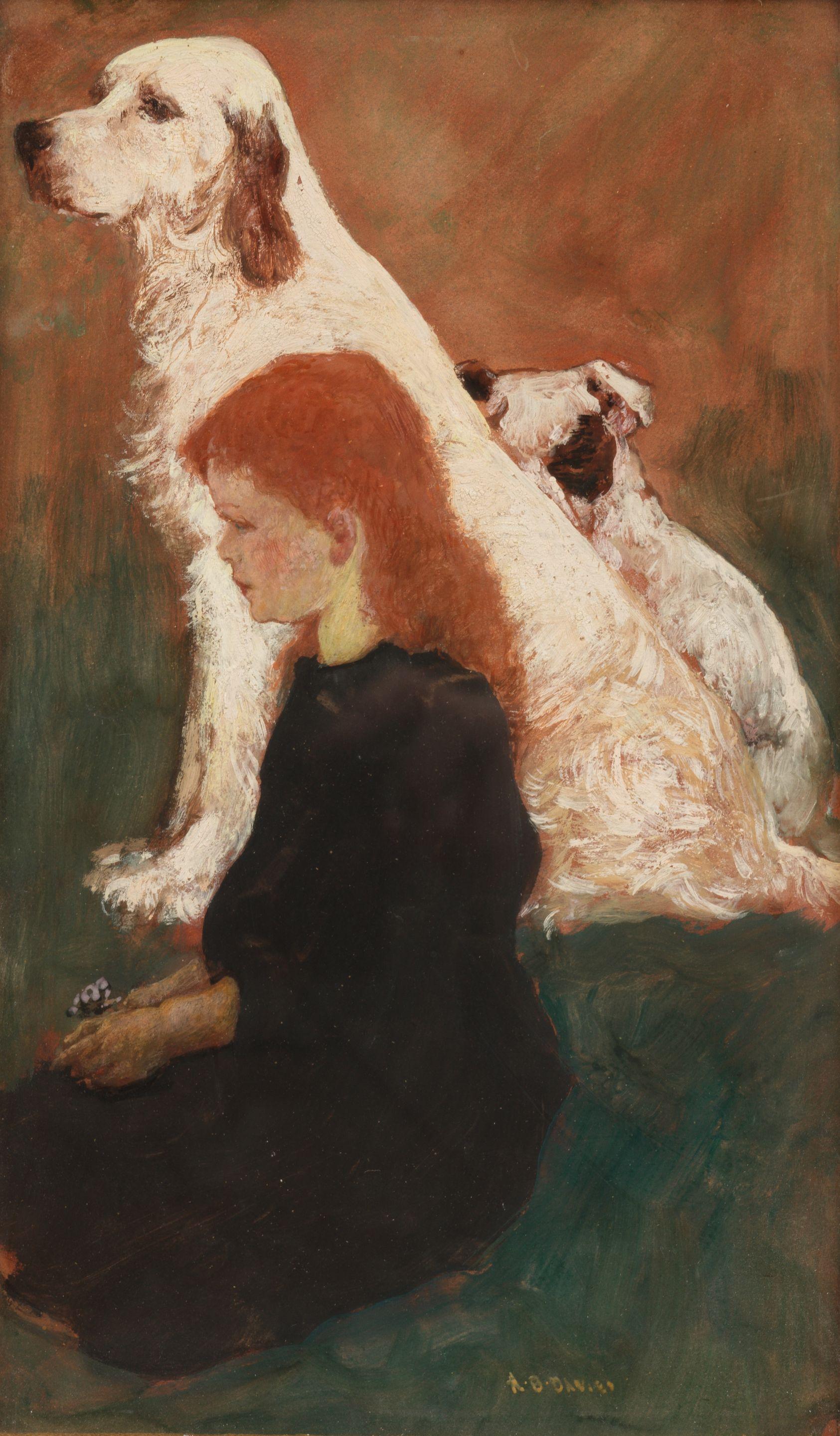 Arthur Bowen Davies - Red Headed Child in Black with Two Dogs