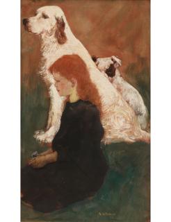 Arthur Bowen Davies - Red Headed Child in Black with Two Dogs