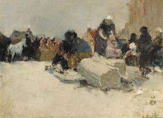 Arthur Briët - A winterscene with peasants putting on their skates