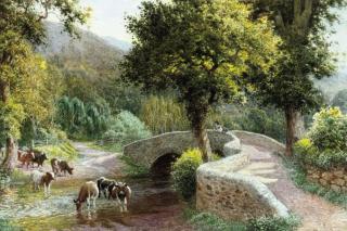 Arthur Claude Strachan - Cows watering by Dunstar Bridge, Somerset
