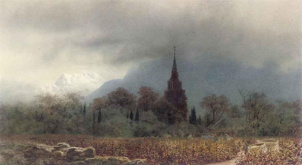 Arthur Croft - Figures harvesting grapes in an Alpine vineyard