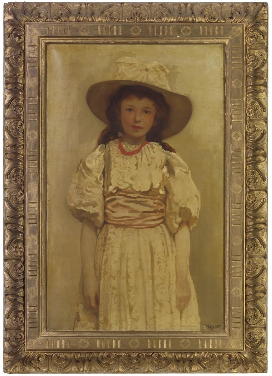 Arthur Dampier May - Portrait of a girl, three-quarter-length, in a yellow dress, yellow hat and red necklace