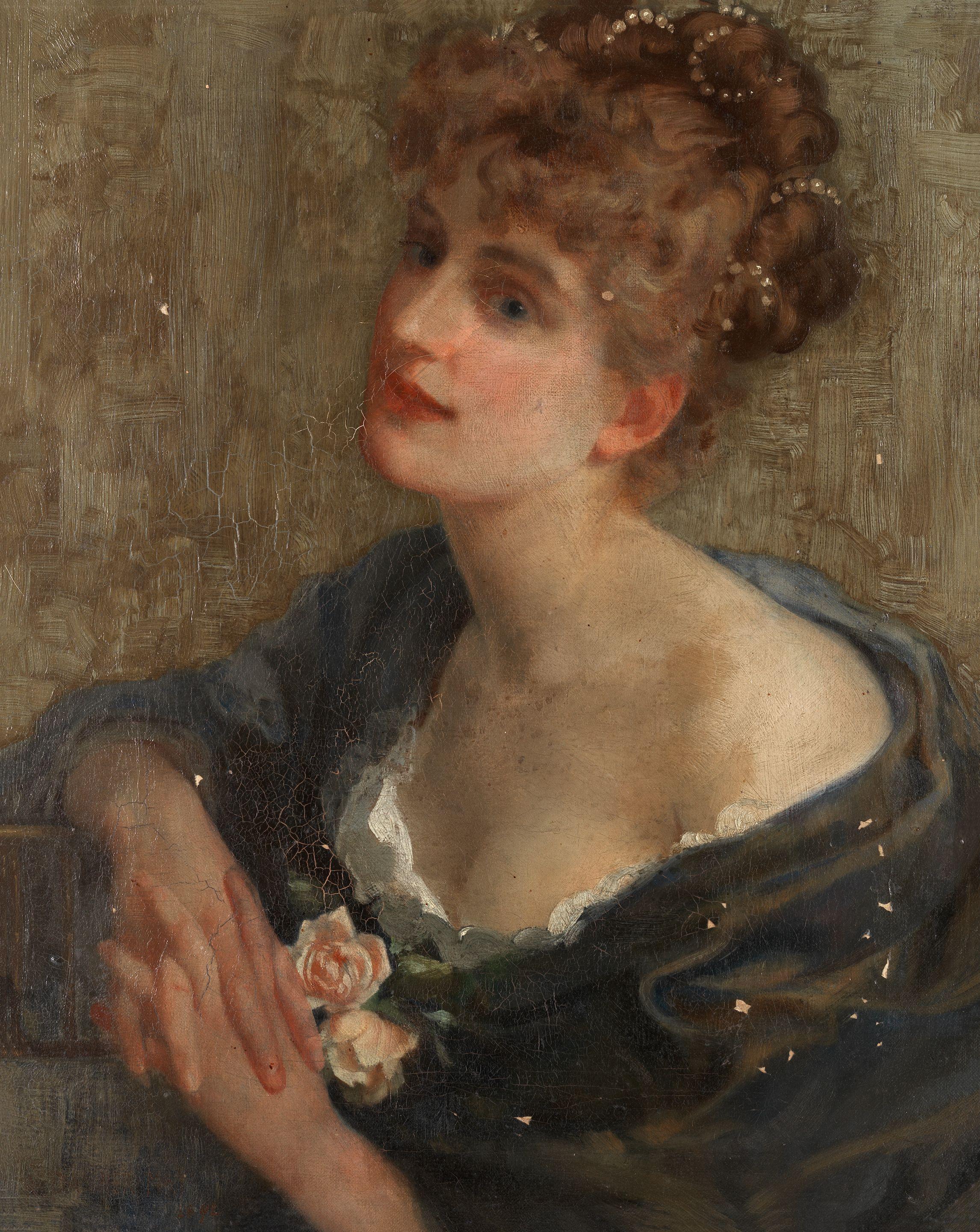 Arthur Dampier May - Portrait Of A Woman With Pearls In Her Hair