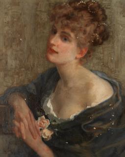 Arthur Dampier May - Portrait Of A Woman With Pearls In Her Hair