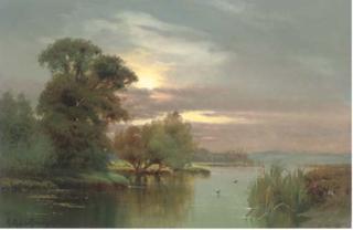 Arthur de Breanski - A river landscape at sunset