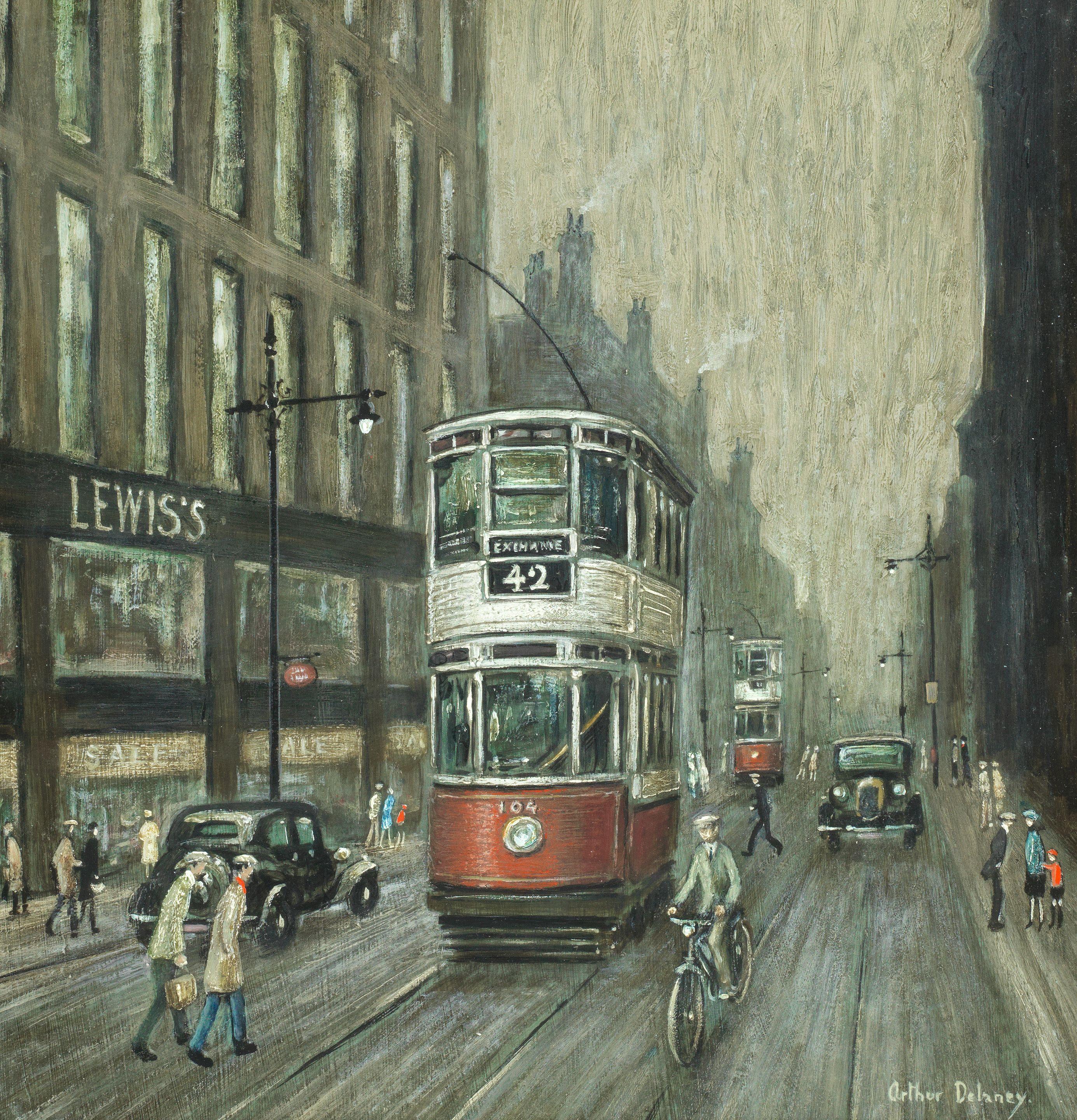 Arthur Delaney - Street Scene with Trams, Manchester