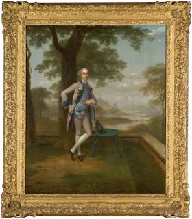Arthur Devis - Portrait of a gentleman, full-length, standing on a terrace, wearing a grey suit and blue waistcoat, a river landscape beyond