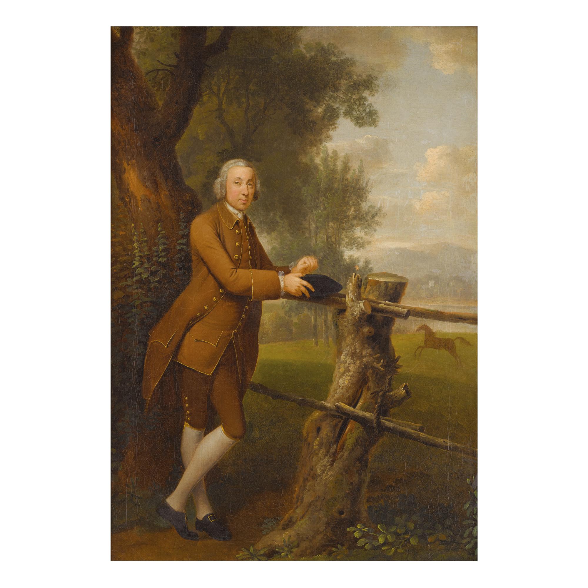 Arthur Devis - Portrait Of A Gentleman In A Brown Suit, Full-Length, Standing Under A Tree, With A Horse Galloping In The Field Beyond