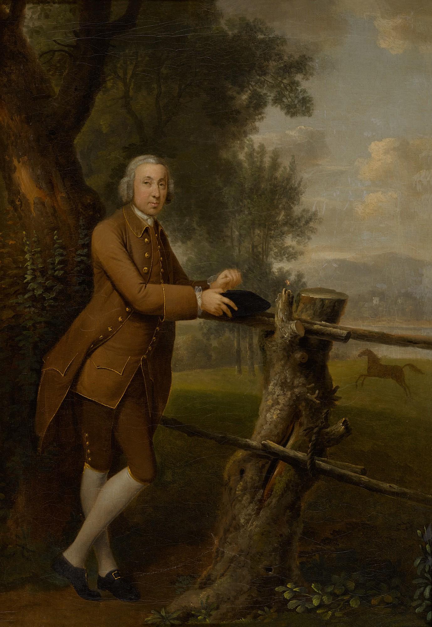 Arthur Devis - Portrait of a gentleman in a brown suit, full-length, with a horse in the field beyond