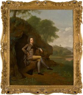 Arthur Devis - Portrait of a gentleman, possibly the Reverend William of Digby, of Landenstown, Country Kildare, full-length, seated beneath a tree, a gun and pheasant by his side