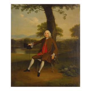 Arthur Devis - Portrait Of A Gentleman Seated, Full-Length, In A Brown Coat And Red Waistcoat, His Hat And Cane In His Hand, Before A River Landscape