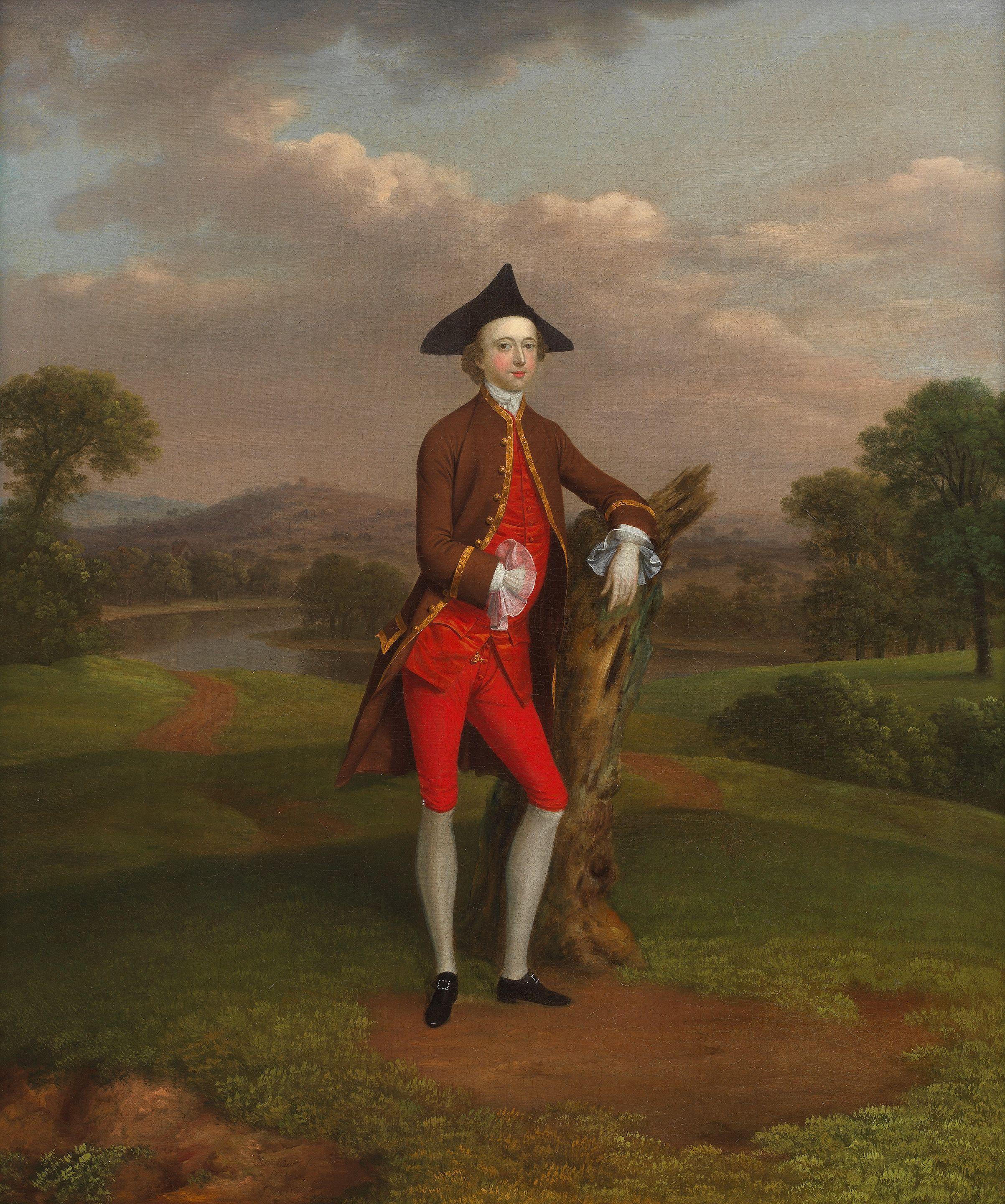 Arthur Devis - Portrait of a member of the Sergison family, possibly Michael Warden of Cuckfield Park, standing full-length, with a view to a park landscape beyond