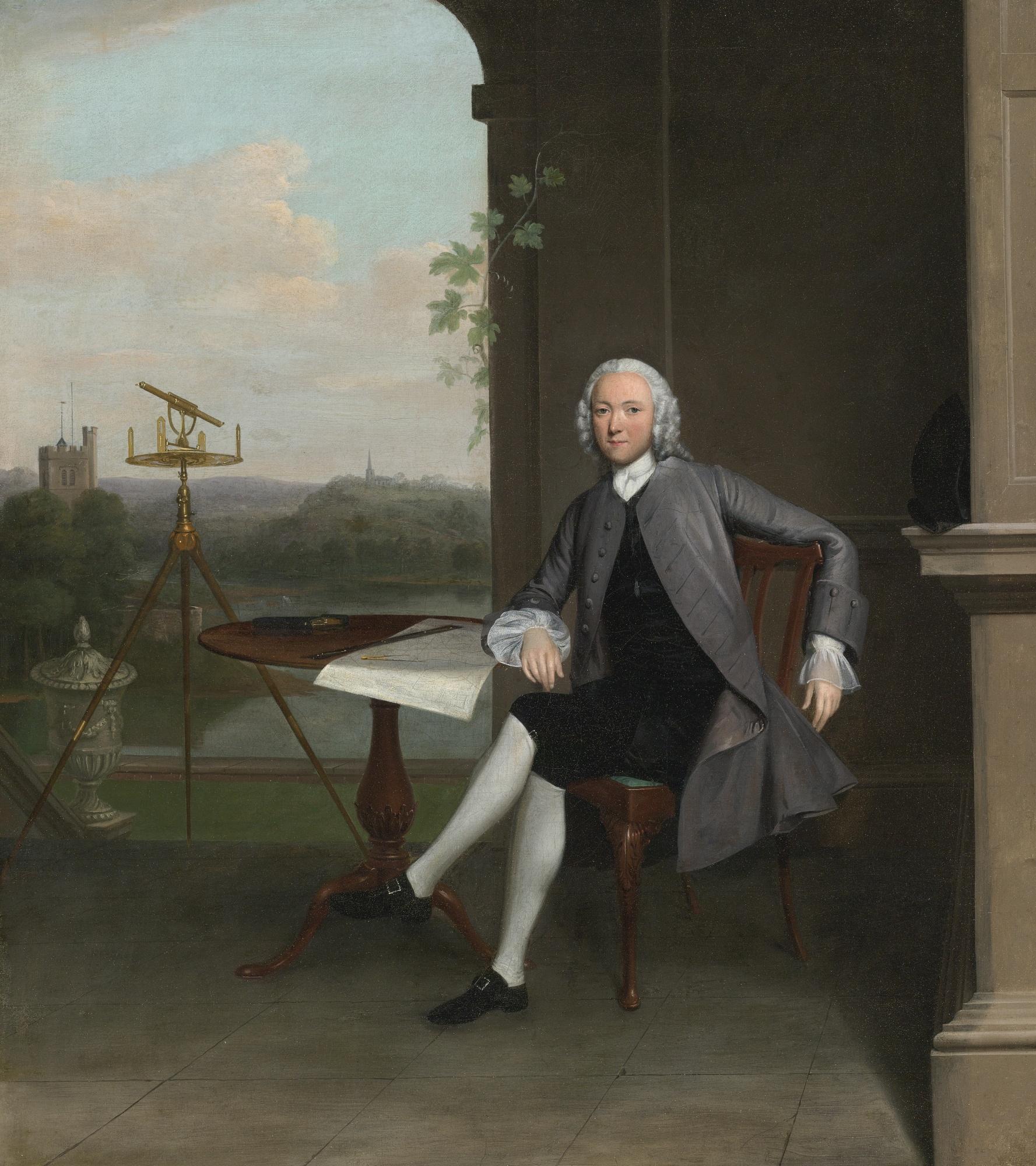 Arthur Devis - Portrait Of Jonas Hanway, Seated At A Table Beside A Surveyor\'S Theodolite And A Classical Urn, Overlooking A Landscape