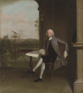Arthur Devis - Portrait of Jonas Hanway, Small Full-Length, Seated At A Table, Beside A Surveyor\'S Theodolite And A Classical Urn, Overlooking A Landscape