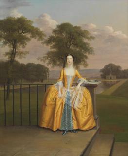 Arthur Devis - Portrait of Miss Mary Warden of Cuckfield Park, later wife of John Thomlinson, standing on a terrace, full-length in a yellow satin dress