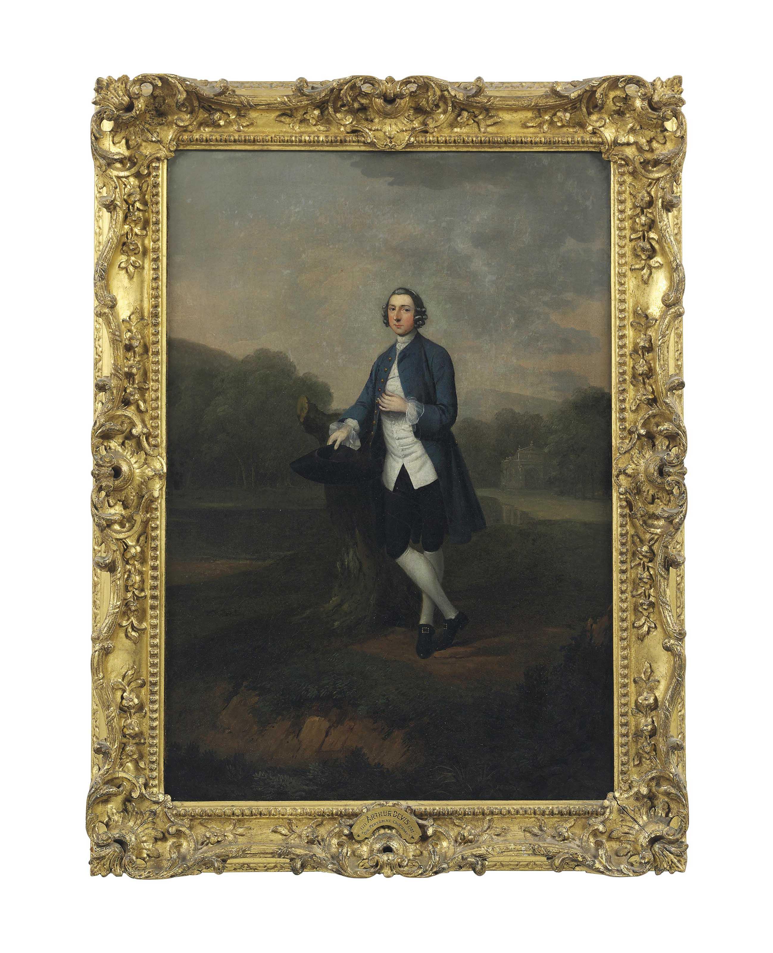 Arthur Devis - Portrait of Sir Peregrine Courtenay, standing full-length, in a park, leaning against a tree trunk in a blue coat and white waistcoat, holding a tricorn hat