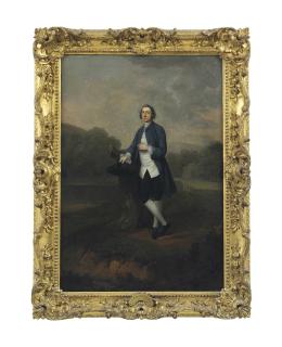 Arthur Devis - Portrait of Sir Peregrine Courtenay, standing full-length, in a park, leaning against a tree trunk in a blue coat and white waistcoat, holding a tricorn hat