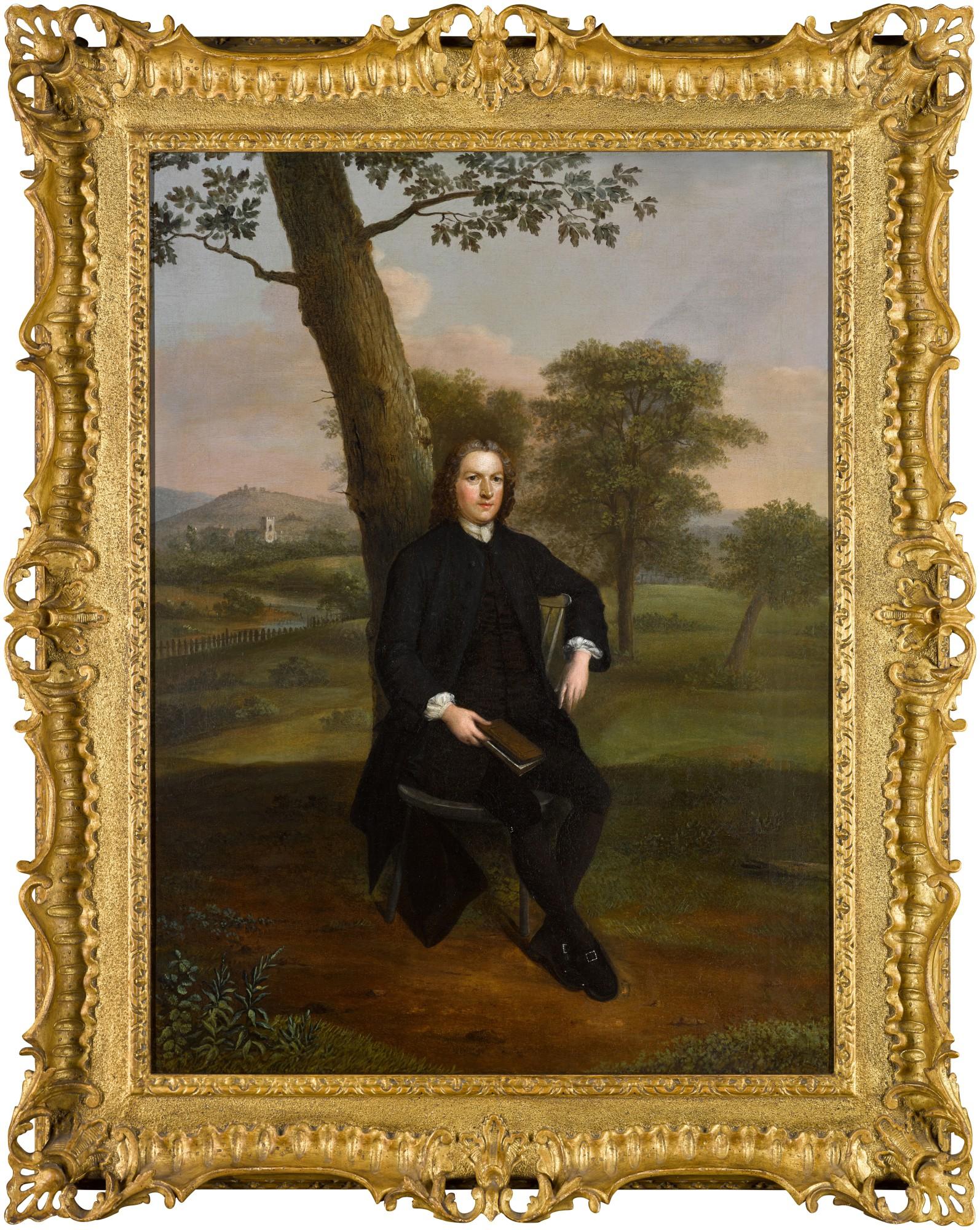 Arthur Devis - Portrait of Thomas Starkie, of Frenchwood House, Preston, full-length, sitting by a tree, holding a book