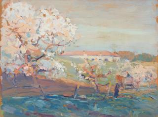 Arthur Dominique Rozaire - Apple Blossoms, Landscape with Wildflowers and A Woman in Green Holding Flowers (a group of three) first and second 10 1/2 x 14 in., third 7 x 5 1/2 in. each unframed