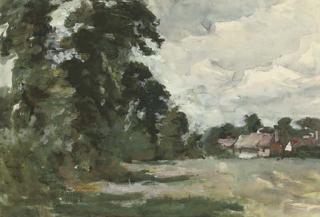 Arthur Douglas Peppercorn, I.S. - Tree Lined Meadow With Thatched Cottages