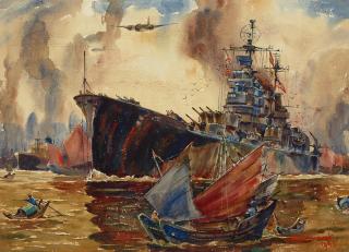 Arthur Edwaine Beaumont - USS Los Angeles (Shanghai, China) sight 20 x 28 in. framed 35 x 41 in.
