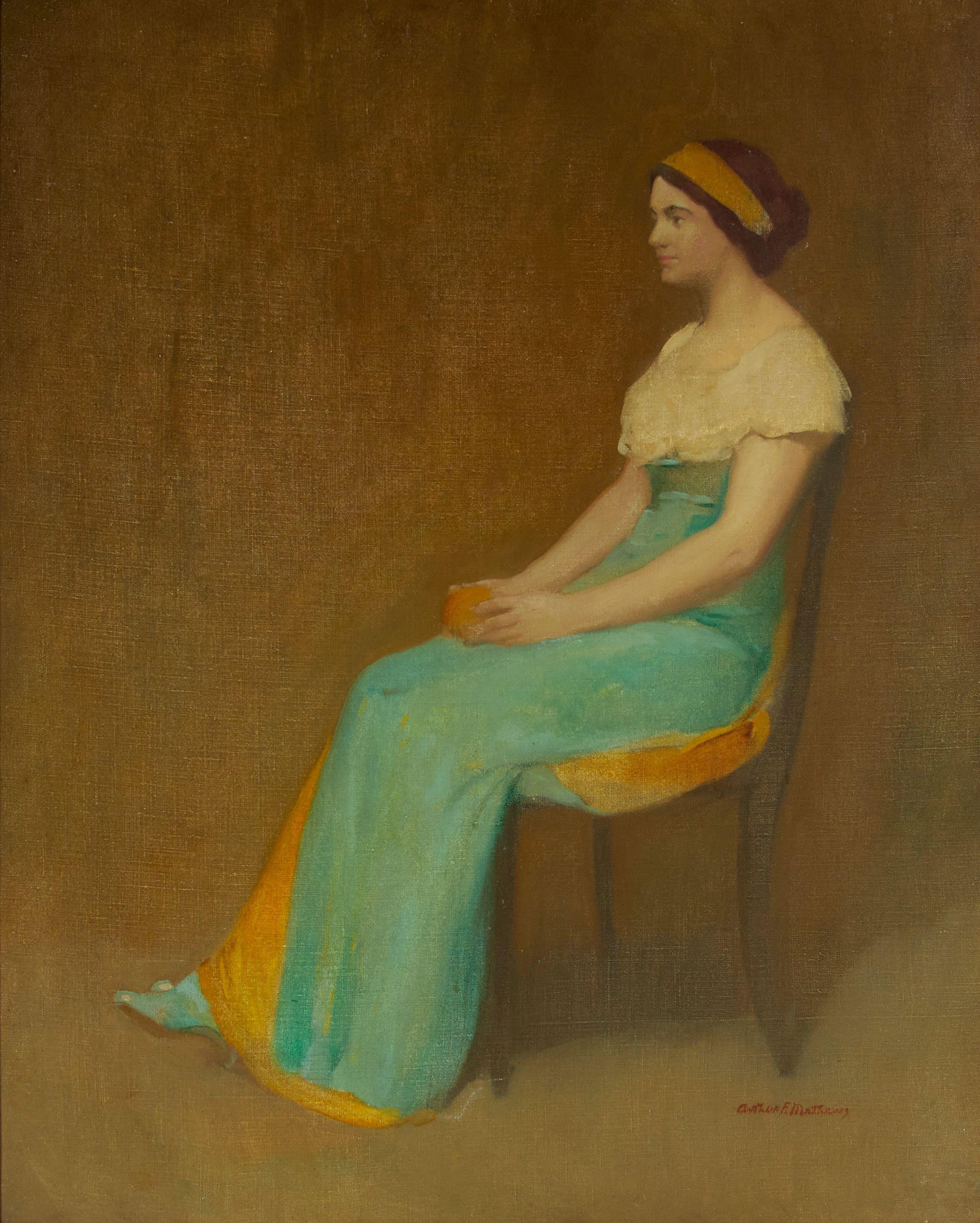 Arthur Frank Mathews - Study of a Lady in Ochre Seated with Green Dress