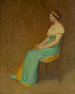 Arthur Frank Mathews - Study of a Lady in Ochre Seated with Green Dress