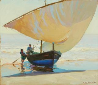 Arthur Grover Rider - Two Sailors Bringing their Fishing Boat Ashore