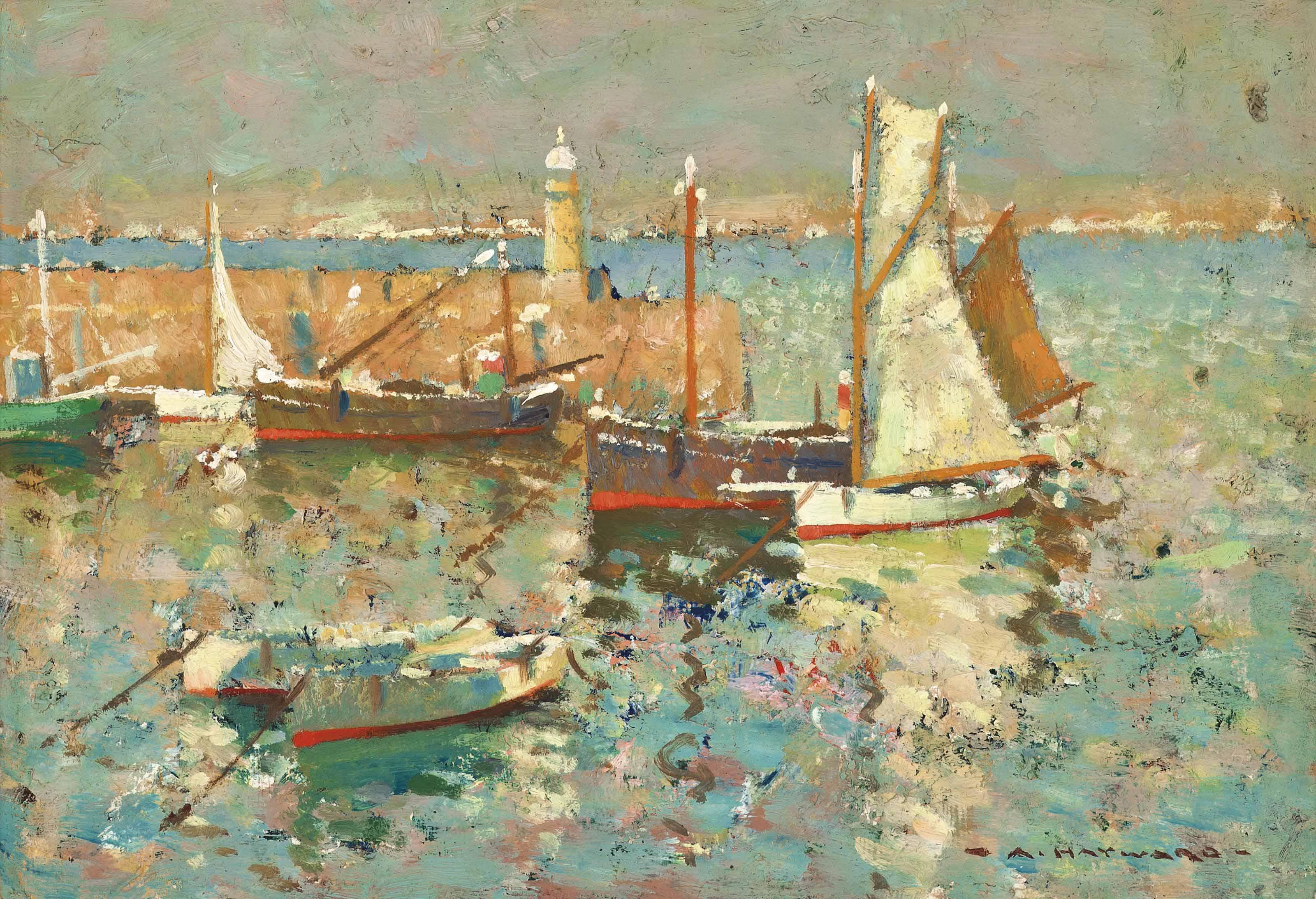Arthur Hayward - Fishing boats by the harbour wall, St Ives