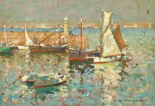 Arthur Hayward - Fishing boats by the harbour wall, St Ives