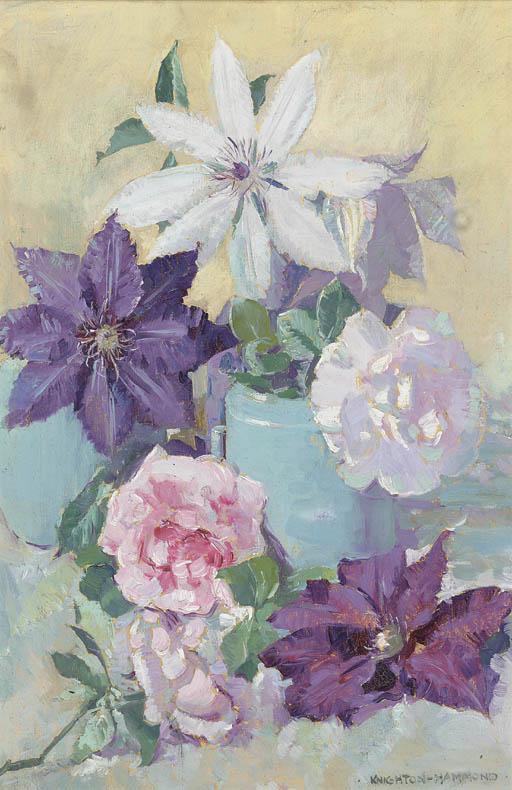 Arthur Henry Knighton Hammond - Clematis And Peonies In A Blue Vase