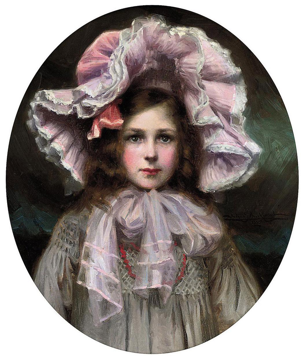 Arthur Herbert Buckland - Portrait of Dorothy Carr Buckland, the artist\'s daughter, bust-length, in pink and white hat, oval